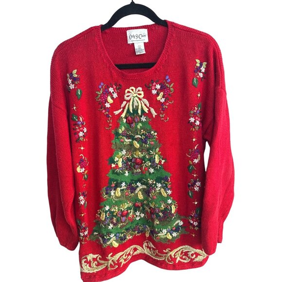 Vintage 90's Ugly Christmas Tree Sweater Women's L Knit Embroidered Sequins - Picture 1 of 8